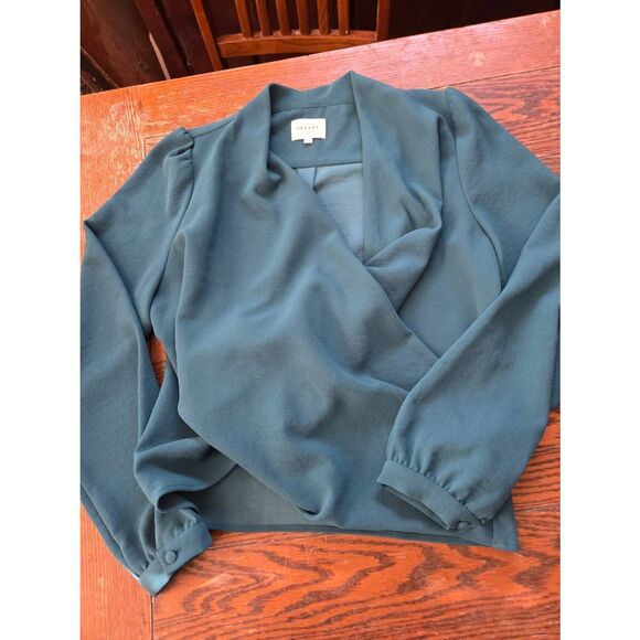 Sezane Bottle Green Abelia Faux Wrap Blouse Long Sleeve V-Neck Size 42 / US 10 - Picture 2 of 5